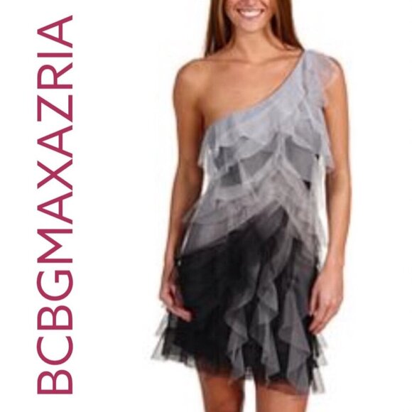 NWT BCBGMAXAZRIA MONICA TIERED 1-SHOULDER OMBRÉ MONOCHROME COCKTAIL DRESS SIZE 8 - Picture 3 of 13